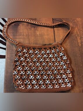 Brown Crochet Shoulder Bag with Silver soda tab Accents